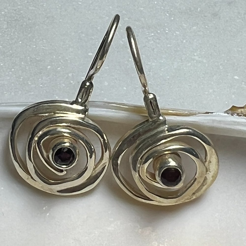 Sterling Silver 925 Swirl Bezel Purple Amethyst Earrings